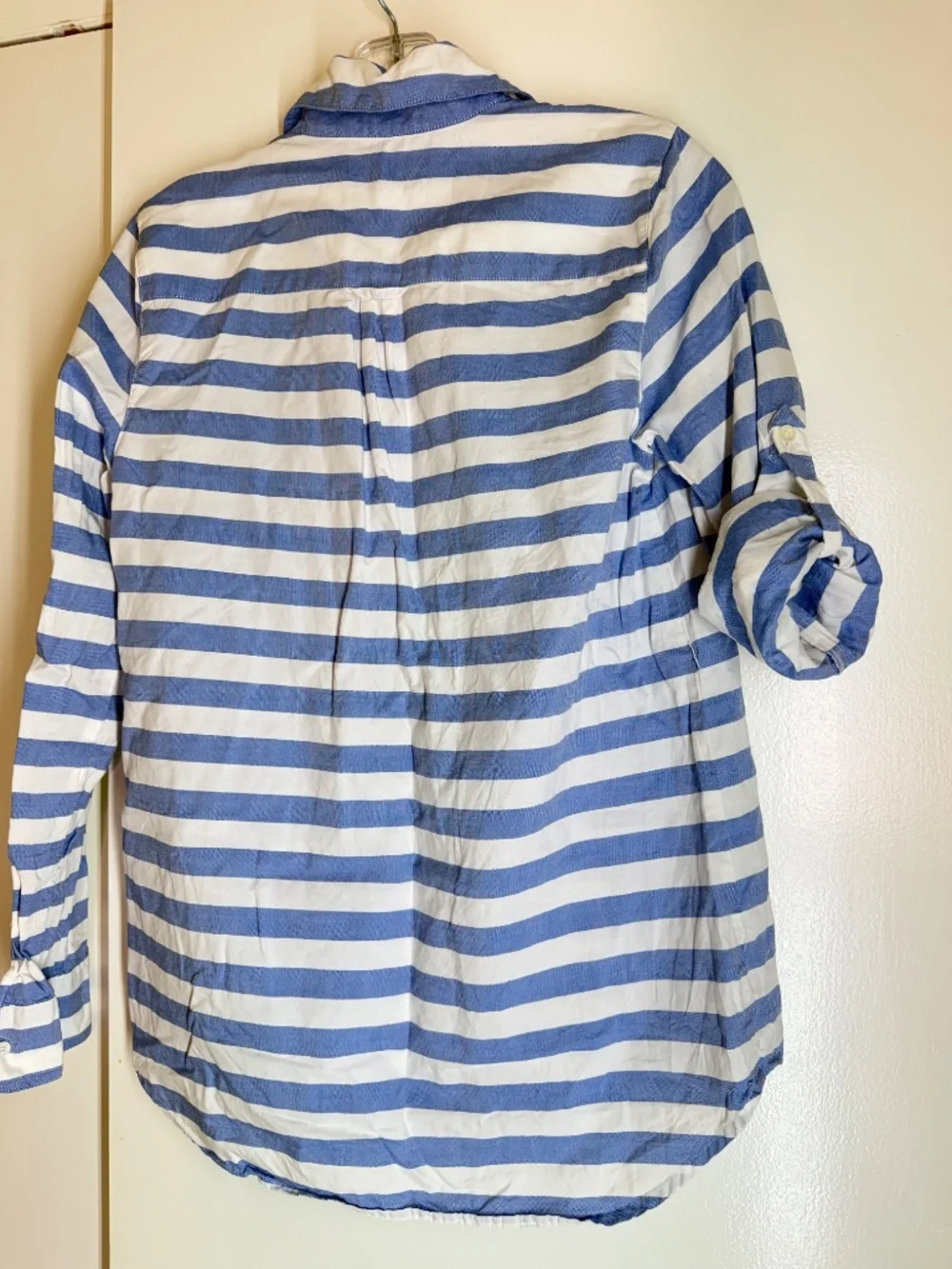 J.Crew Blue White Striped Button Front Tunic Shirt Women's Size Small Roll Tab S